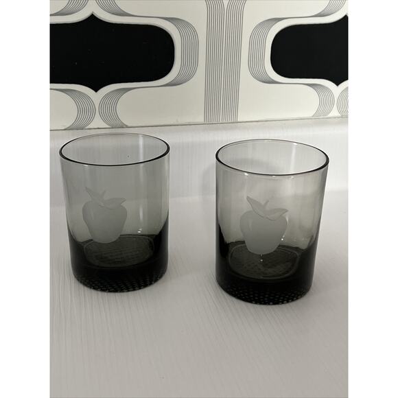 Smoke Gray Lowball Old Fashioned Etched Fruit Juice Barware Whiskey Set Of 5 - Picture 12 of 14